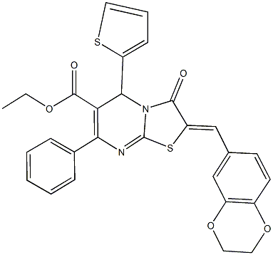 ethyl 2-(2,3-dihydro-1,4-benzodioxin-6-ylmethylene)-3-oxo-7-phenyl-5-(2-thienyl)-2,3-dihydro-5H-[1,3]thiazolo[3,2-a]pyrimidine-6-carboxylate Struktur