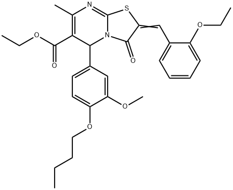 ethyl 5-(4-butoxy-3-methoxyphenyl)-2-(2-ethoxybenzylidene)-7-methyl-3-oxo-2,3-dihydro-5H-[1,3]thiazolo[3,2-a]pyrimidine-6-carboxylate Struktur