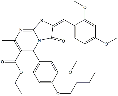 ethyl 5-(4-butoxy-3-methoxyphenyl)-2-(2,4-dimethoxybenzylidene)-7-methyl-3-oxo-2,3-dihydro-5H-[1,3]thiazolo[3,2-a]pyrimidine-6-carboxylate Struktur