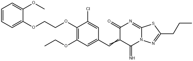 6-{3-chloro-5-ethoxy-4-[2-(2-methoxyphenoxy)ethoxy]benzylidene}-5-imino-2-propyl-5,6-dihydro-7H-[1,3,4]thiadiazolo[3,2-a]pyrimidin-7-one Struktur