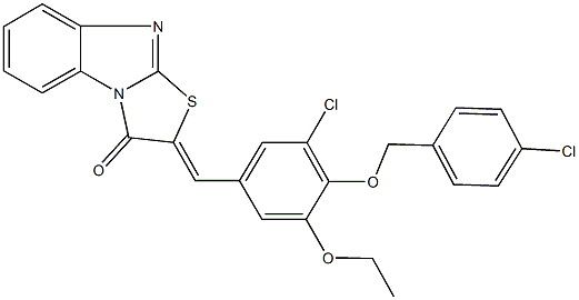 2-{3-chloro-4-[(4-chlorobenzyl)oxy]-5-ethoxybenzylidene}[1,3]thiazolo[3,2-a]benzimidazol-3(2H)-one Struktur