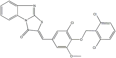 2-{3-chloro-4-[(2,6-dichlorobenzyl)oxy]-5-methoxybenzylidene}[1,3]thiazolo[3,2-a]benzimidazol-3(2H)-one Struktur