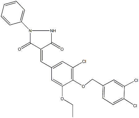 4-{3-chloro-4-[(3,4-dichlorobenzyl)oxy]-5-ethoxybenzylidene}-1-phenyl-3,5-pyrazolidinedione Struktur