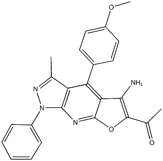 1-[5-amino-4-(4-methoxyphenyl)-3-methyl-1-phenyl-1H-furo[2,3-b]pyrazolo[4,3-e]pyridin-6-yl]ethanone Struktur