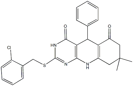 2-[(2-chlorobenzyl)thio]-8,8-dimethyl-5-phenyl-5,8,9,10-tetrahydropyrimido[4,5-b]quinoline-4,6(3H,7H)-dione Struktur