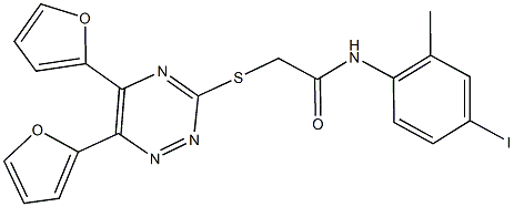 2-{[5,6-di(2-furyl)-1,2,4-triazin-3-yl]sulfanyl}-N-(4-iodo-2-methylphenyl)acetamide Struktur