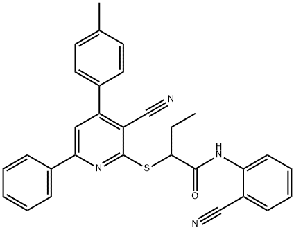 2-{[3-cyano-4-(4-methylphenyl)-6-phenylpyridin-2-yl]sulfanyl}-N-(2-cyanophenyl)butanamide Struktur