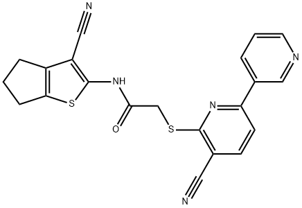 N-(3-cyano-5,6-dihydro-4H-cyclopenta[b]thien-2-yl)-2-[(3-cyano-3',6-bipyridin-2-yl)sulfanyl]acetamide Struktur