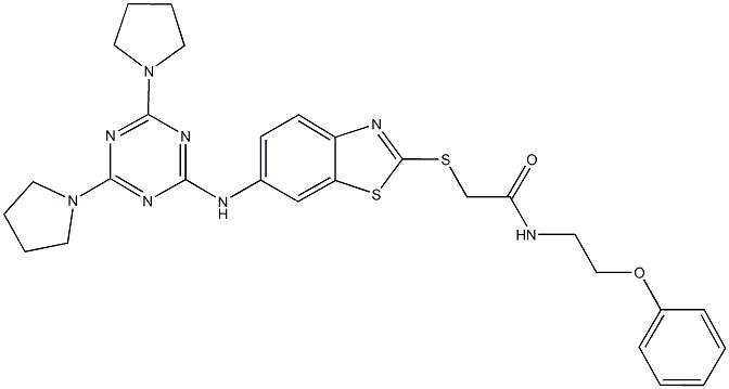 2-[(6-{[4,6-di(1-pyrrolidinyl)-1,3,5-triazin-2-yl]amino}-1,3-benzothiazol-2-yl)sulfanyl]-N-(2-phenoxyethyl)acetamide Struktur