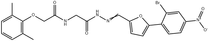 N-(2-{2-[(5-{2-bromo-4-nitrophenyl}-2-furyl)methylene]hydrazino}-2-oxoethyl)-2-(2,6-dimethylphenoxy)acetamide Struktur