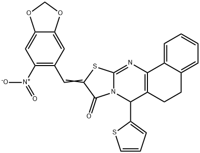 10-({6-nitro-1,3-benzodioxol-5-yl}methylene)-7-(2-thienyl)-5,7-dihydro-6H-benzo[h][1,3]thiazolo[2,3-b]quinazolin-9(10H)-one Struktur