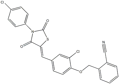 2-[(2-chloro-4-{[3-(4-chlorophenyl)-2,4-dioxo-1,3-thiazolidin-5-ylidene]methyl}phenoxy)methyl]benzonitrile Struktur