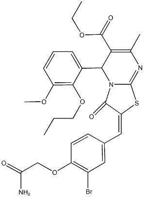 ethyl 2-[4-(2-amino-2-oxoethoxy)-3-bromobenzylidene]-5-(3-methoxy-2-propoxyphenyl)-7-methyl-3-oxo-2,3-dihydro-5H-[1,3]thiazolo[3,2-a]pyrimidine-6-carboxylate Struktur