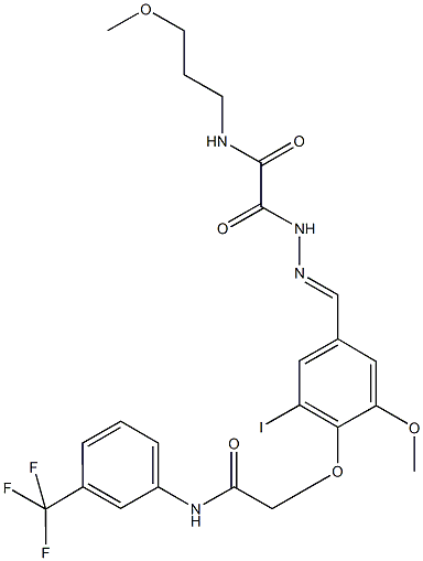 2-[2-(3-iodo-5-methoxy-4-{2-oxo-2-[3-(trifluoromethyl)anilino]ethoxy}benzylidene)hydrazino]-N-(3-methoxypropyl)-2-oxoacetamide Struktur