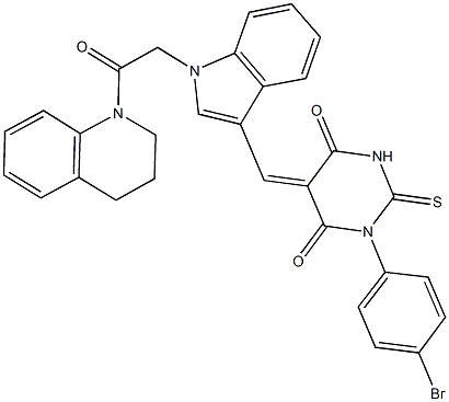 1-(4-bromophenyl)-5-({1-[2-(3,4-dihydro-1(2H)-quinolinyl)-2-oxoethyl]-1H-indol-3-yl}methylene)-2-thioxodihydro-4,6(1H,5H)-pyrimidinedione Struktur