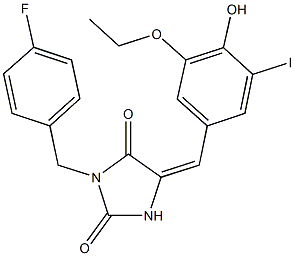 5-(3-ethoxy-4-hydroxy-5-iodobenzylidene)-3-(4-fluorobenzyl)-2,4-imidazolidinedione Struktur