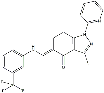 3-methyl-1-(2-pyridinyl)-5-{[3-(trifluoromethyl)anilino]methylene}-1,5,6,7-tetrahydro-4H-indazol-4-one Struktur