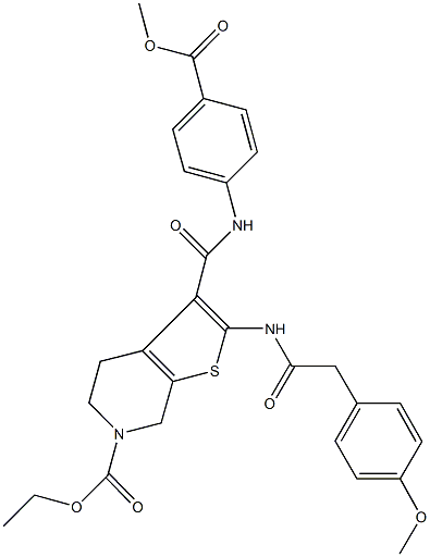 ethyl 3-{[4-(methoxycarbonyl)anilino]carbonyl}-2-{[(4-methoxyphenyl)acetyl]amino}-4,7-dihydrothieno[2,3-c]pyridine-6(5H)-carboxylate Struktur