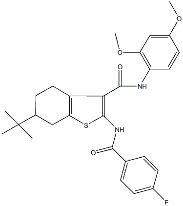 6-tert-butyl-N-(2,4-dimethoxyphenyl)-2-[(4-fluorobenzoyl)amino]-4,5,6,7-tetrahydro-1-benzothiophene-3-carboxamide Struktur