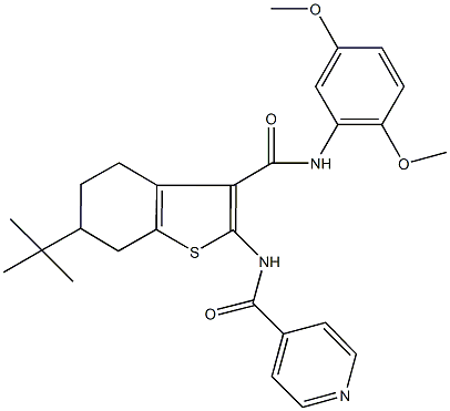 N-{6-tert-butyl-3-[(2,5-dimethoxyanilino)carbonyl]-4,5,6,7-tetrahydro-1-benzothien-2-yl}isonicotinamide Struktur