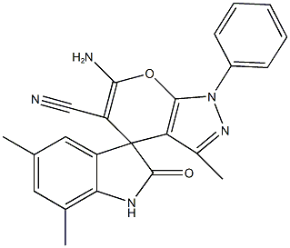 6-amino-3,5',7'-trimethyl-2'-oxo-1-phenyl-1,1',3',4-tetrahydrospiro(pyrano[2,3-c]pyrazole-4,3'-[2'H]-indole)-5-carbonitrile Struktur