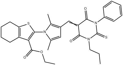 ethyl 2-{3-[(4,6-dioxo-1-phenyl-3-propyl-2-thioxotetrahydropyrimidin-5(2H)-ylidene)methyl]-2,5-dimethyl-1H-pyrrol-1-yl}-4,5,6,7-tetrahydro-1-benzothiophene-3-carboxylate Struktur