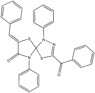 3-benzoyl-7-benzylidene-1,9-diphenyl-4,6-dithia-1,2,9-triazaspiro[4.4]non-2-en-8-one Struktur