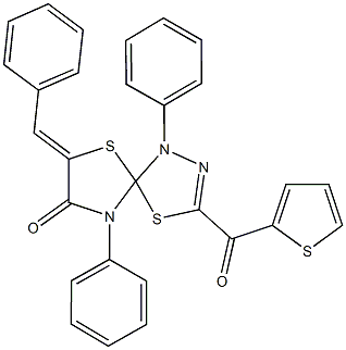 7-benzylidene-1,9-diphenyl-3-(2-thienylcarbonyl)-4,6-dithia-1,2,9-triazaspiro[4.4]non-2-en-8-one Struktur