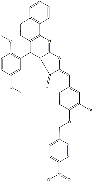 10-[3-bromo-4-({4-nitrobenzyl}oxy)benzylidene]-7-(2,5-dimethoxyphenyl)-5,7-dihydro-6H-benzo[h][1,3]thiazolo[2,3-b]quinazolin-9(10H)-one Struktur