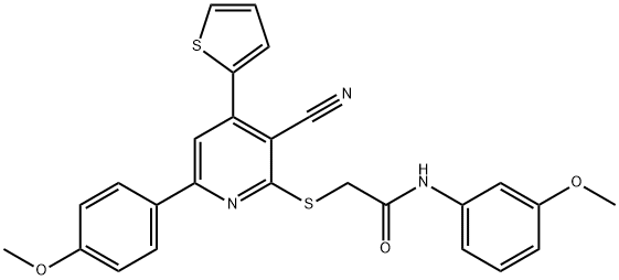 2-{[3-cyano-6-(4-methoxyphenyl)-4-thien-2-ylpyridin-2-yl]sulfanyl}-N-(3-methoxyphenyl)acetamide Struktur