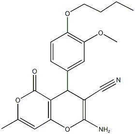 2-amino-4-(4-butoxy-3-methoxyphenyl)-7-methyl-5-oxo-4H,5H-pyrano[4,3-b]pyran-3-carbonitrile Struktur