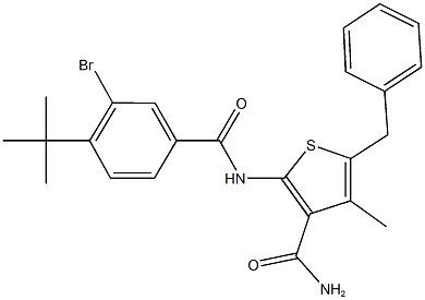 5-benzyl-2-[(3-bromo-4-tert-butylbenzoyl)amino]-4-methyl-3-thiophenecarboxamide Struktur