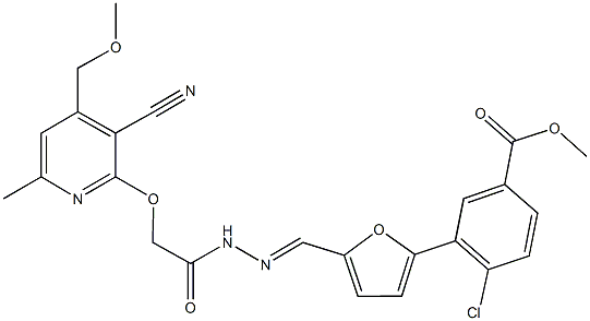 methyl 4-chloro-3-{5-[2-({[3-cyano-4-(methoxymethyl)-6-methyl-2-pyridinyl]oxy}acetyl)carbohydrazonoyl]-2-furyl}benzoate Struktur