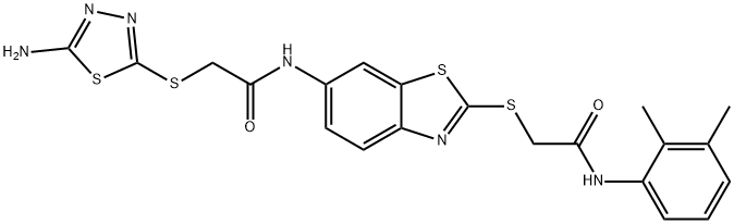 2-[(5-amino-1,3,4-thiadiazol-2-yl)sulfanyl]-N-(2-{[2-(2,3-dimethylanilino)-2-oxoethyl]sulfanyl}-1,3-benzothiazol-6-yl)acetamide Struktur