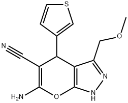 6-amino-3-(methoxymethyl)-4-thien-3-yl-1,4-dihydropyrano[2,3-c]pyrazole-5-carbonitrile Struktur