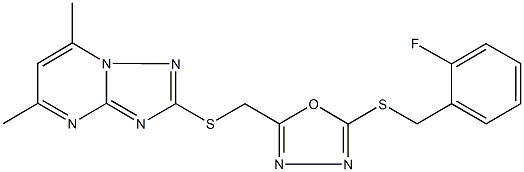 2-[({5-[(2-fluorobenzyl)sulfanyl]-1,3,4-oxadiazol-2-yl}methyl)sulfanyl]-5,7-dimethyl[1,2,4]triazolo[1,5-a]pyrimidine Struktur