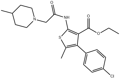 ethyl 4-(4-chlorophenyl)-5-methyl-2-{[(4-methyl-1-piperidinyl)acetyl]amino}-3-thiophenecarboxylate Struktur