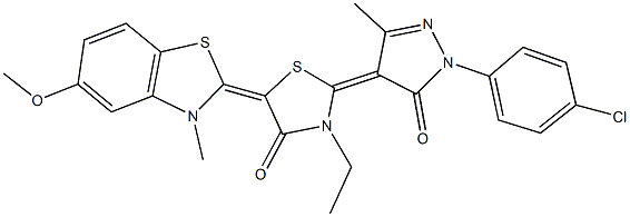 2-[1-(4-chlorophenyl)-3-methyl-5-oxo-1,5-dihydro-4H-pyrazol-4-ylidene]-3-ethyl-5-(5-methoxy-3-methyl-1,3-benzothiazol-2(3H)-ylidene)-1,3-thiazolidin-4-one Struktur