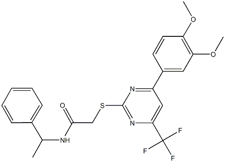 2-{[4-(3,4-dimethoxyphenyl)-6-(trifluoromethyl)-2-pyrimidinyl]sulfanyl}-N-(1-phenylethyl)acetamide Struktur