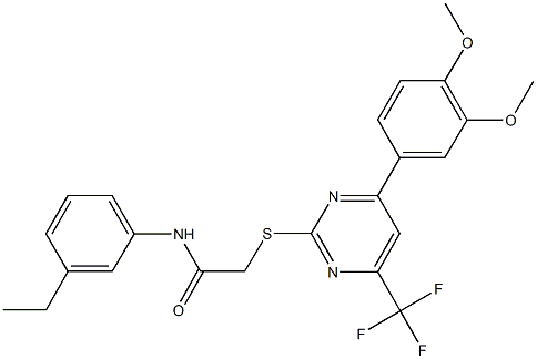 2-{[4-(3,4-dimethoxyphenyl)-6-(trifluoromethyl)-2-pyrimidinyl]sulfanyl}-N-(3-ethylphenyl)acetamide Struktur