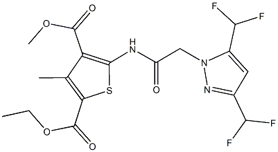 2-ethyl 4-methyl 5-({[3,5-bis(difluoromethyl)-1H-pyrazol-1-yl]acetyl}amino)-3-methyl-2,4-thiophenedicarboxylate Struktur