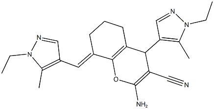 2-amino-4-(1-ethyl-5-methyl-1H-pyrazol-4-yl)-8-[(1-ethyl-5-methyl-1H-pyrazol-4-yl)methylene]-5,6,7,8-tetrahydro-4H-chromene-3-carbonitrile Struktur