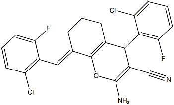 2-amino-8-(2-chloro-6-fluorobenzylidene)-4-(2-chloro-6-fluorophenyl)-5,6,7,8-tetrahydro-4H-chromene-3-carbonitrile Struktur