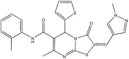 7-methyl-N-(2-methylphenyl)-2-[(1-methyl-1H-pyrazol-4-yl)methylene]-3-oxo-5-(2-thienyl)-2,3-dihydro-5H-[1,3]thiazolo[3,2-a]pyrimidine-6-carboxamide Struktur