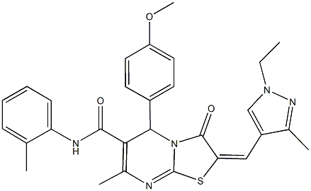 2-[(1-ethyl-3-methyl-1H-pyrazol-4-yl)methylene]-5-(4-methoxyphenyl)-7-methyl-N-(2-methylphenyl)-3-oxo-2,3-dihydro-5H-[1,3]thiazolo[3,2-a]pyrimidine-6-carboxamide Struktur