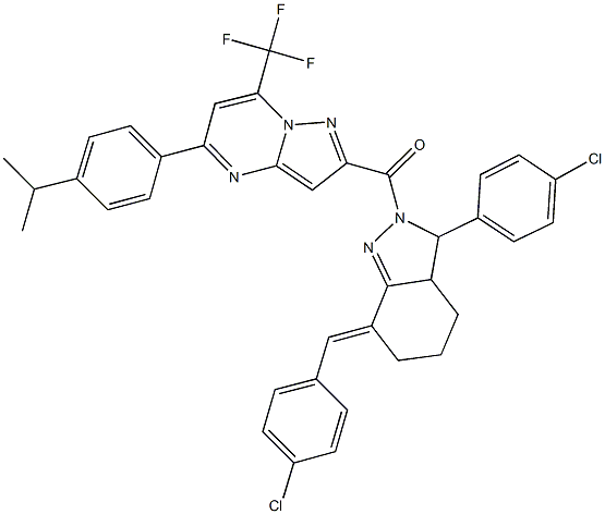 2-{[7-(4-chlorobenzylidene)-3-(4-chlorophenyl)-3,3a,4,5,6,7-hexahydro-2H-indazol-2-yl]carbonyl}-5-(4-isopropylphenyl)-7-(trifluoromethyl)pyrazolo[1,5-a]pyrimidine Struktur