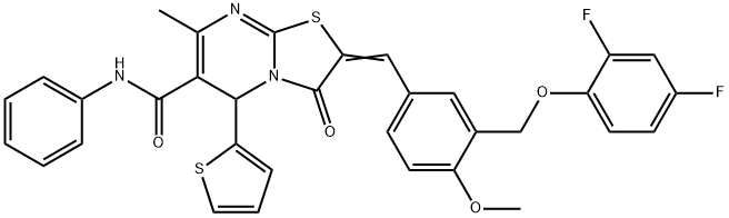 2-{3-[(2,4-difluorophenoxy)methyl]-4-methoxybenzylidene}-7-methyl-3-oxo-N-phenyl-5-(2-thienyl)-2,3-dihydro-5H-[1,3]thiazolo[3,2-a]pyrimidine-6-carboxamide Struktur