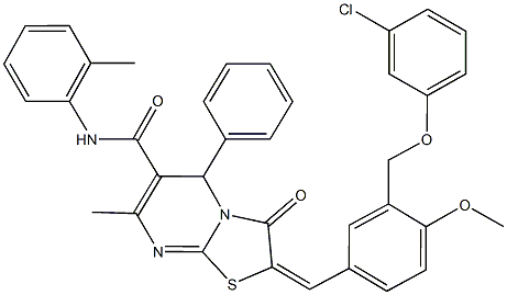 2-{3-[(3-chlorophenoxy)methyl]-4-methoxybenzylidene}-7-methyl-N-(2-methylphenyl)-3-oxo-5-phenyl-2,3-dihydro-5H-[1,3]thiazolo[3,2-a]pyrimidine-6-carboxamide Struktur