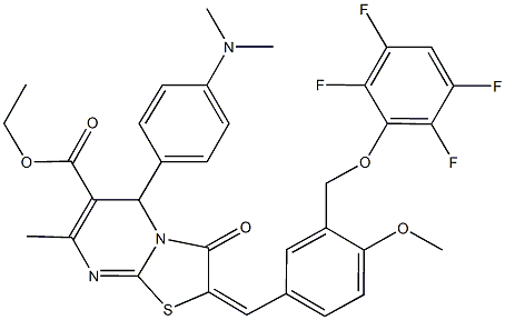 ethyl 5-[4-(dimethylamino)phenyl]-2-{4-methoxy-3-[(2,3,5,6-tetrafluorophenoxy)methyl]benzylidene}-7-methyl-3-oxo-2,3-dihydro-5H-[1,3]thiazolo[3,2-a]pyrimidine-6-carboxylate Struktur