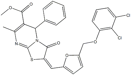 methyl 2-({5-[(2,3-dichlorophenoxy)methyl]-2-furyl}methylene)-7-methyl-3-oxo-5-phenyl-2,3-dihydro-5H-[1,3]thiazolo[3,2-a]pyrimidine-6-carboxylate Struktur